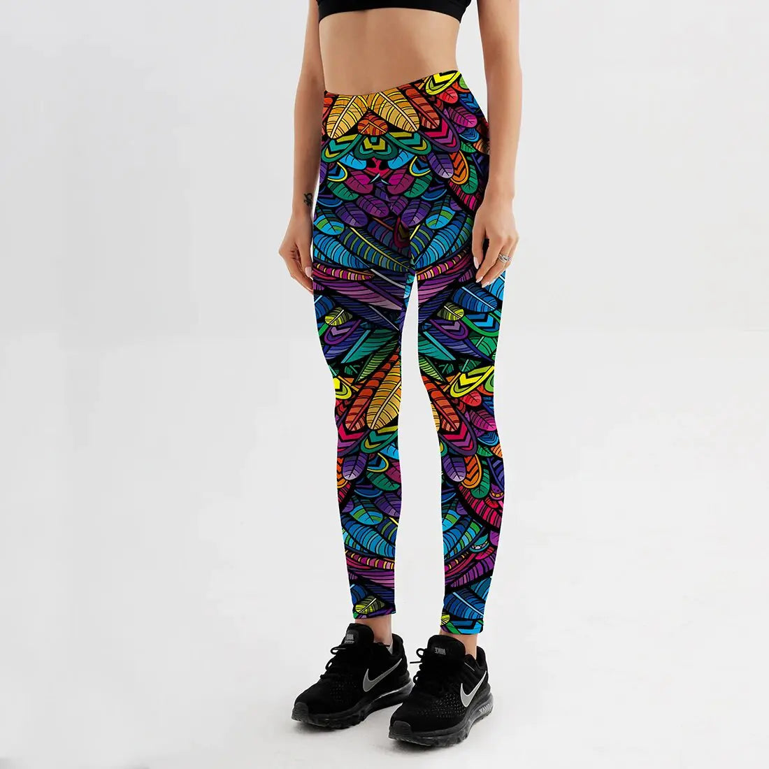 Quickitout Color Feathers 3D Printed Women's Mid-Waist Fitness Trousers