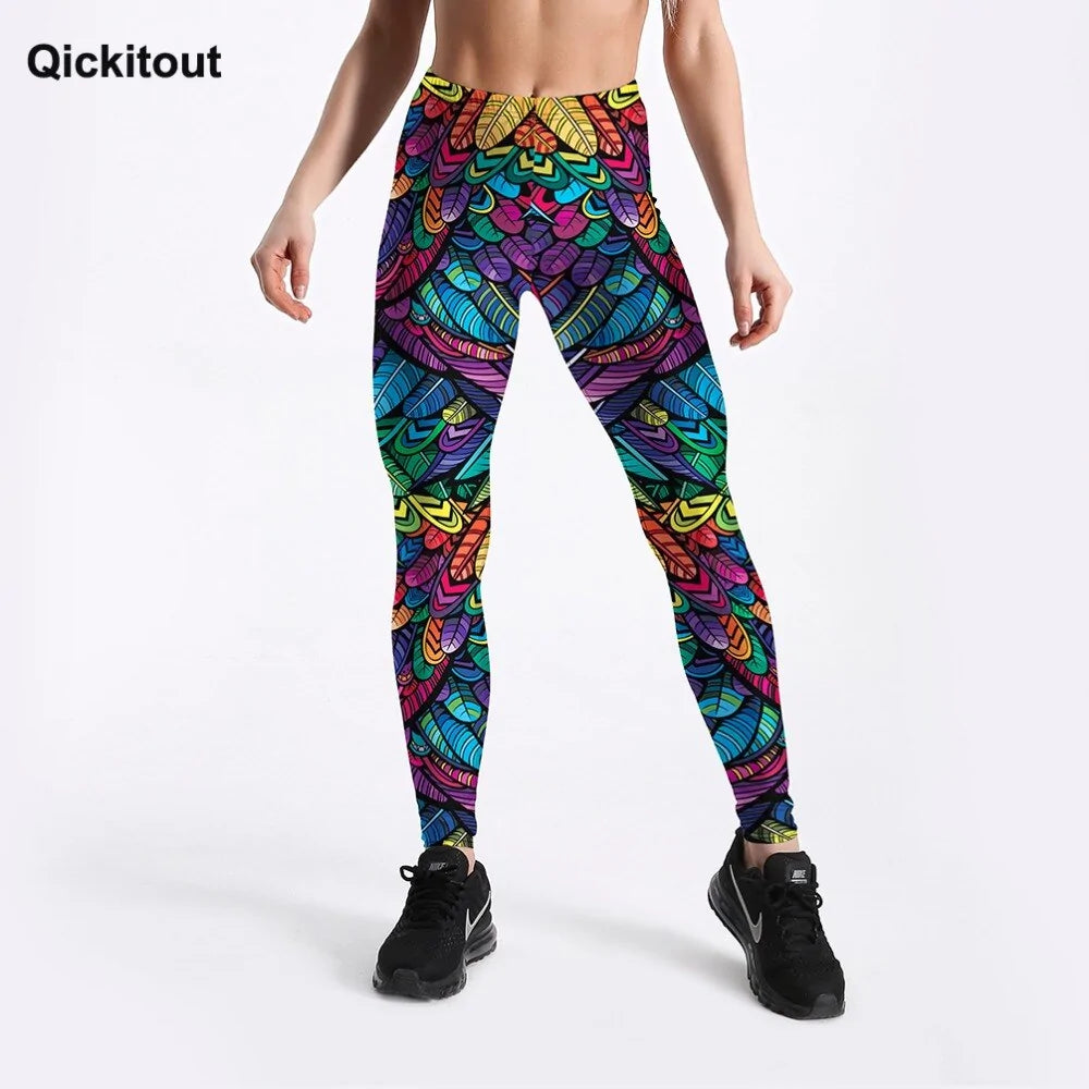 Quickitout Color Feathers 3D Printed Women's Mid-Waist Fitness Trousers